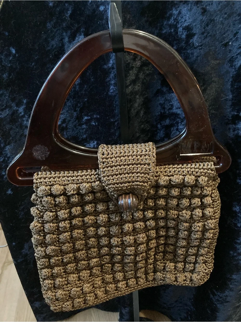 Classic Boho Purse Brown Hand Bag Retro Crochet Handmade Brown Lucite Handles